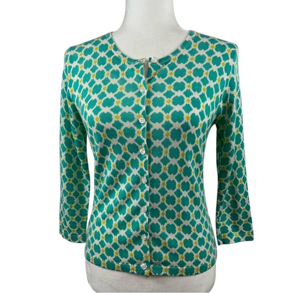 Garnet Hill 100% Merino Wool Geometric Print Sweater Cardigan Size Small Preppy - Picture 1 of 9